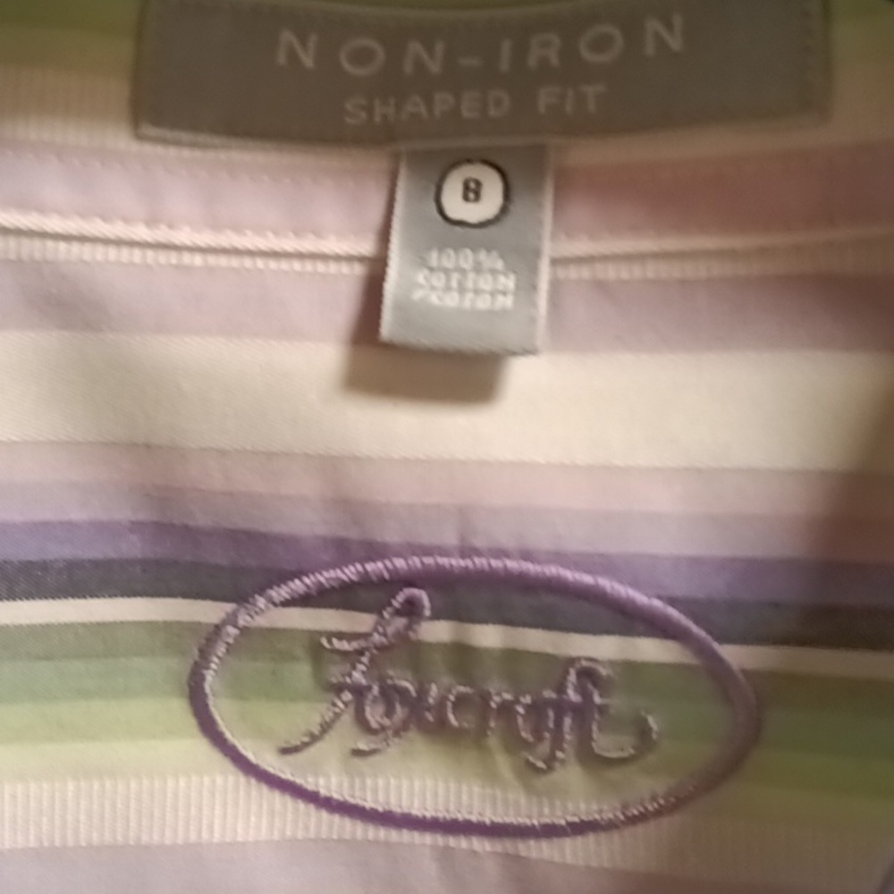 Foxcroft Striped Button-Up Blouse in Lavender, Green and White